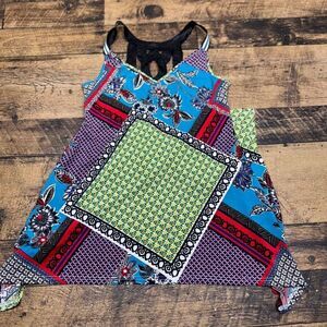 Candie's Patchwork Tank Top Crochet Back‎ Sleeveless Casual Top Size M